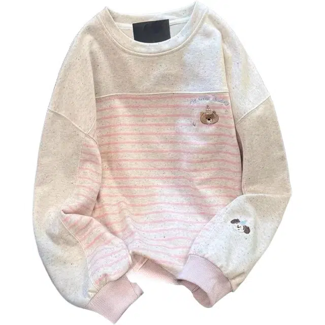 桴生 刺绣小熊日系软妹可爱女撞色条纹奶呼呼秋冬加绒长袖上衣 卫衣 女款