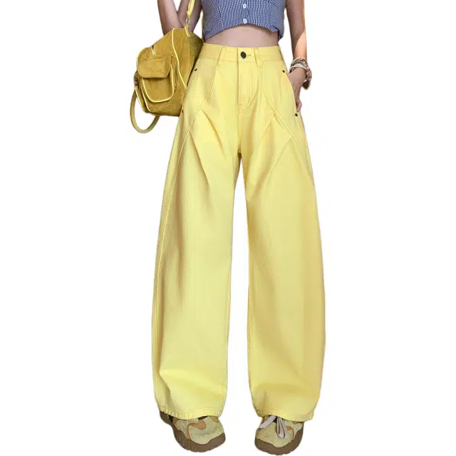 玫丝朵 美式复古百搭宽松褶皱设计阔腿休闲直筒牛仔裤 女款