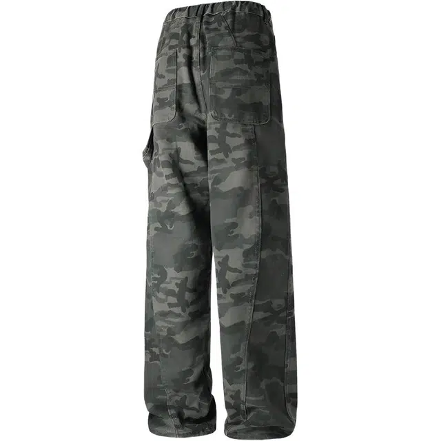 特斯型 美式迷彩设计感潮流扣带休闲宽松直筒工装牛仔裤 男女同款