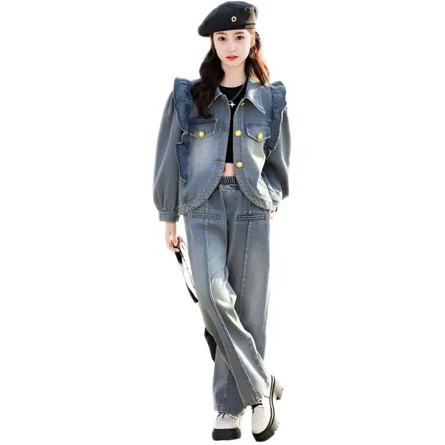 比比我休闲运动套装  女童春秋季牛仔大童潮牌小孩衣服 小女孩短袖洋气时髦 舒适帅气轻便