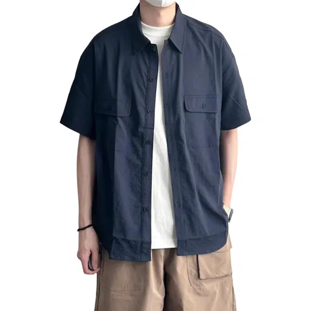 冈哉 肌理感工装衬衣纯色基础款双口袋拼接美式复古潮流宽松休闲百搭舒适透气短袖衬衫 男女同款