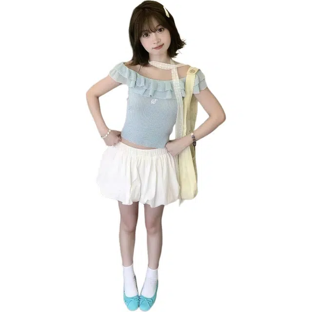 缪斯的诱惑 小个子独特漂亮女夏季花边针织衫花苞半身裙两件裙装套装 女款