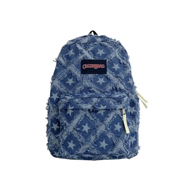 艾妮兔 星星毛边大容量简约个性潮流 牛仔布 双肩包 常规 男女同款情侣款 多色