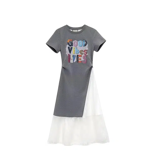 雾闪闪 拼接设计感字母圆领通勤宽松短袖连衣裙 女款