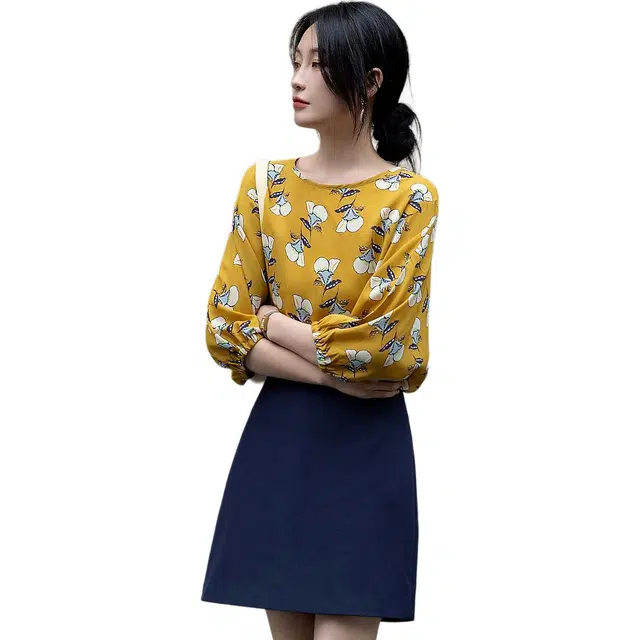 沐晓欣 设计感印花衬衣上衣七分袖衬衫 女款