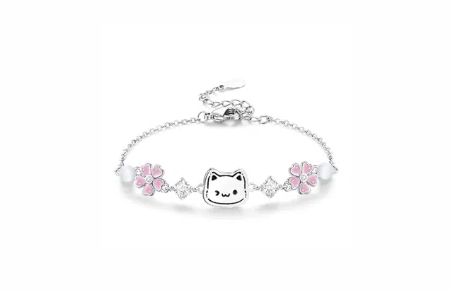 牧言 幸运草小猫 萌趣可爱贴贴小众浪漫高级感 甜美百搭猫咪小狗日记粉色爱心四叶草招财猫闪锆闺蜜女友手饰 好运 琉璃 玉石手链 女款
