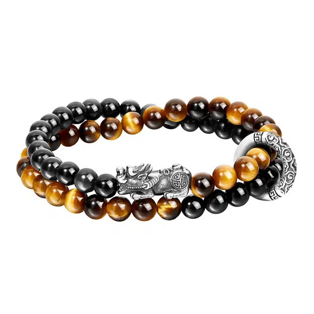 【双层叠带】 老凤祥 貔貅平安扣 国潮时尚新中式日常百搭 潮流配饰小众设计 招财纳福 男朋友生日精美礼盒 黑曜石 手串 男女同款情侣款