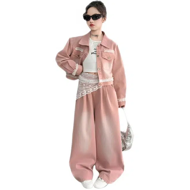 比比我休闲运动套装  女童春秋季花边牛仔大童潮牌小孩衣服 小女孩短袖洋气时髦 舒适帅气轻便