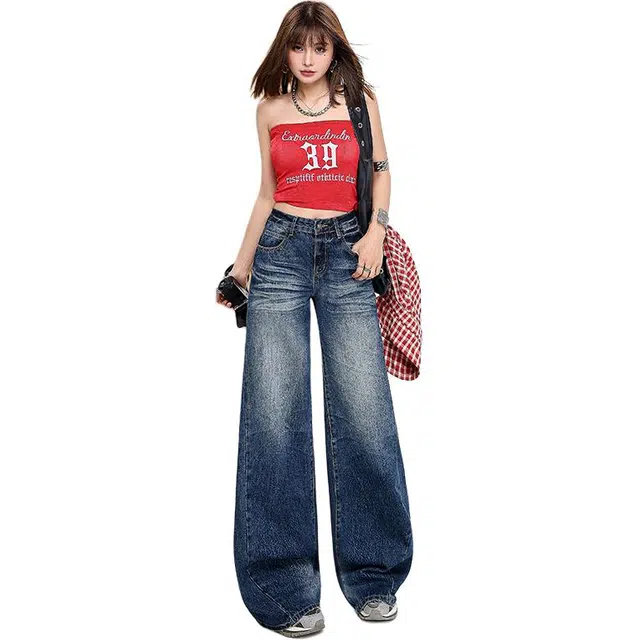 拾籍 美式复古猫须纹理设计高腰显瘦宽松垂感直筒阔腿拖地牛仔裤 女款