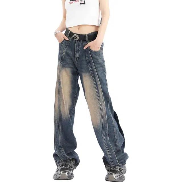 洞洞拐 水洗美式高街拼接高级感宽松阔腿垂感休闲拖地牛仔裤 男女同款