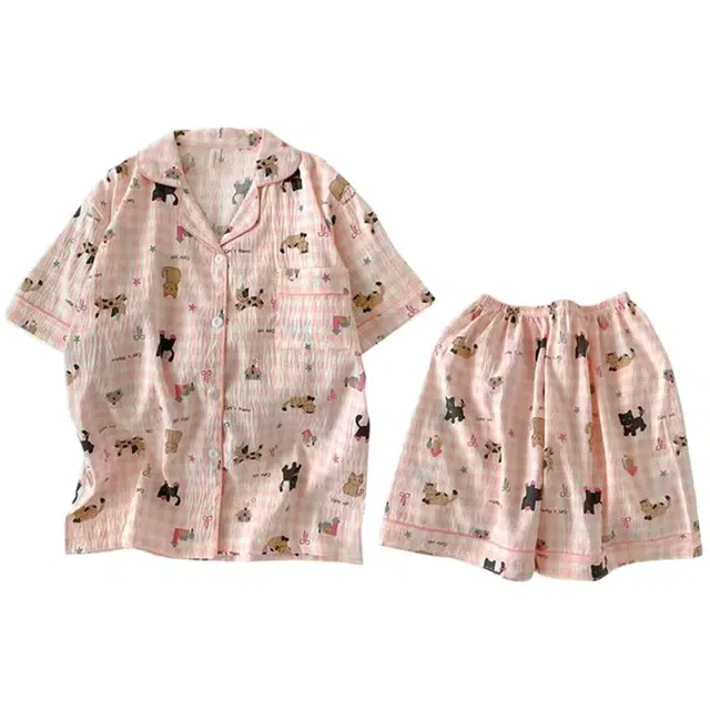 俏韵 翻领卡通动物云朵棉短袖甜美薄款家居服可外穿睡衣套装 女款