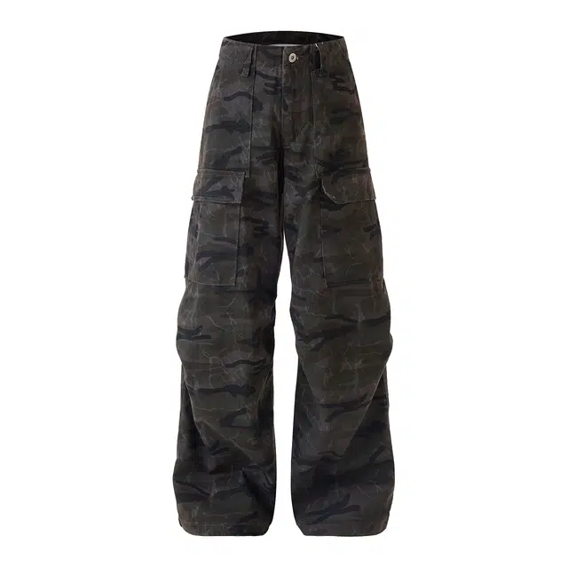 欧路得 美式潮牌迷彩高街多口袋工装长裤复古宽松微喇裤子秋季牛仔裤 男款