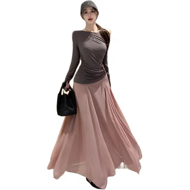 缪斯的诱惑 时尚高品质斜领长袖防晒不规则上衣+松紧腰半身裙两件套裙装套装 女款