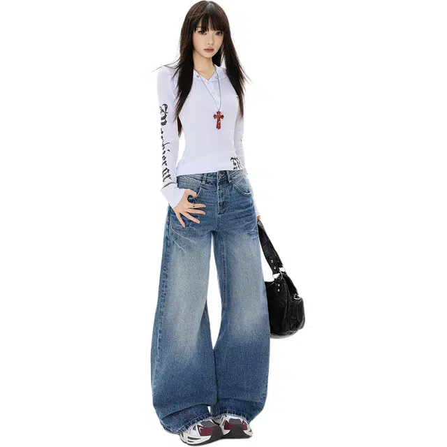 拾籍 美式复古秋季裂纹低腰设计宽松显瘦垂感阔腿直筒牛仔裤 女款