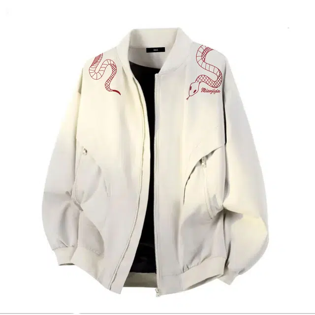 棉基因 美式复古简约灵蛇缠绕吉祥品牌印花拼接结构宽松休闲潮流百搭舒适工装飞行员棒球领学生通勤户外夹克外套 男女同款