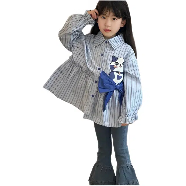 比比我休闲运动套装  女童春秋季猫咪衬衫牛仔裤大童潮牌小孩衣服 小女孩短袖洋气时髦 舒适帅气轻便