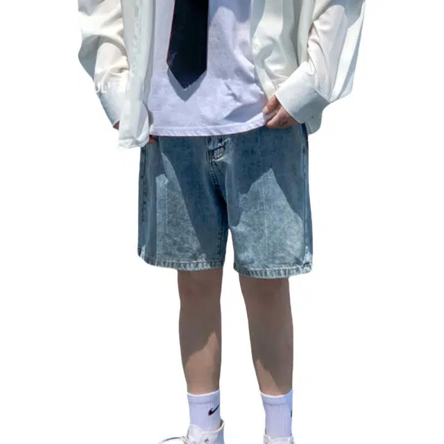 冈哉 美式复古个性潮流做旧水洗宽松阔腿五分裤透气清爽凉感简约舒适时尚百搭通勤休闲牛仔短裤 男女同款