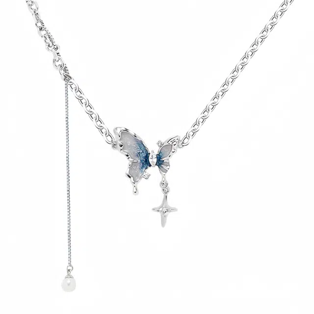 阿葱饰品 冰川蝴蝶 森系小清新时尚优雅气质轻奢高级感 甜酷辣妹精致潮流小众创意设计流苏闪耀百搭锁骨链#好运 铜 项链 女款