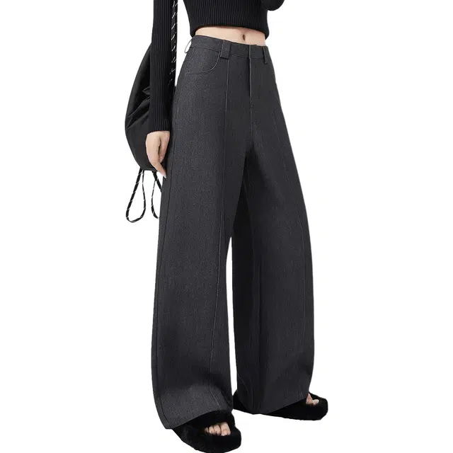 她池 通勤简约宽松款纯色高腰长款阔腿休闲裤 女款