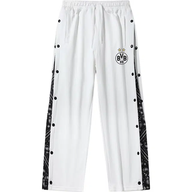 普鲁士多特蒙德 美式高街复古学院风队徽字母印花腰果花针织篮球运动裤卫裤宽松直筒百搭个性设计感全开潮牌排扣裤透气舒适休闲裤 男女同款