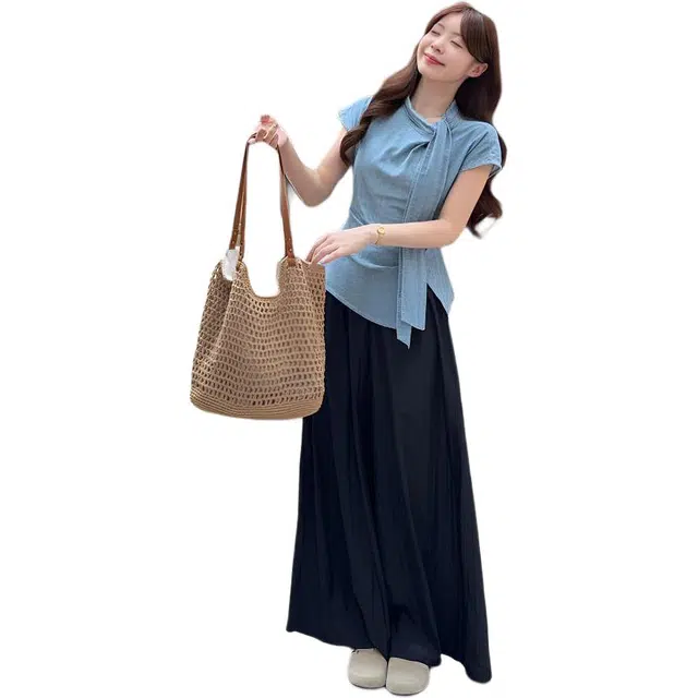 缪斯的诱惑 韩版时尚小飞袖褶皱收腰飘带衬衫松紧腰阔腿裤两件套休闲套装 女款