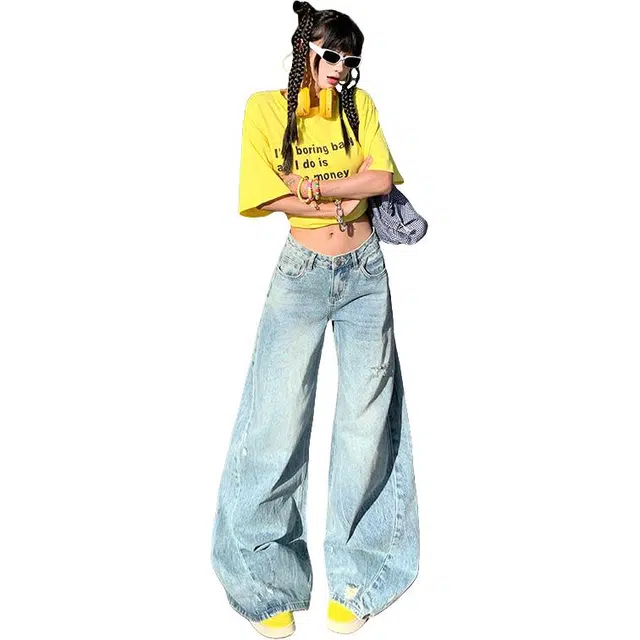 拾籍 美式做旧破洞复古设计时尚百搭宽松高腰牛仔裤 女款