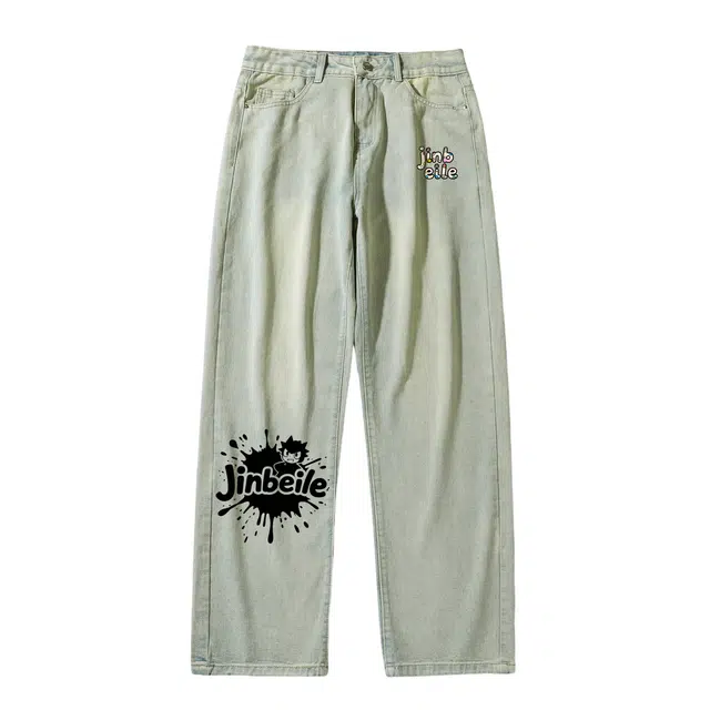 金贝勒 简约美式高街做旧水洗舒适中腰直筒拉链宽松牛仔裤 男女同款