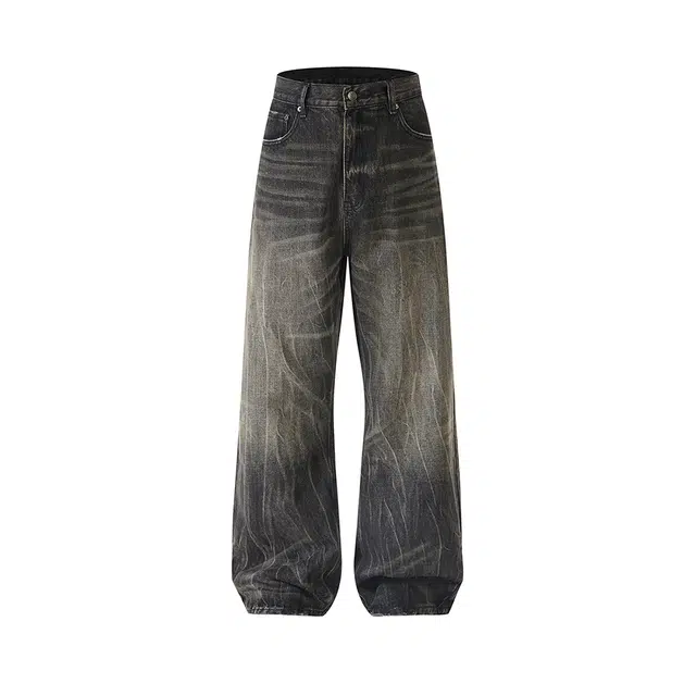 欧路得 美式复古做旧直筒男女夏季小众高街宽松拖地阔腿长裤子牛仔裤 男款