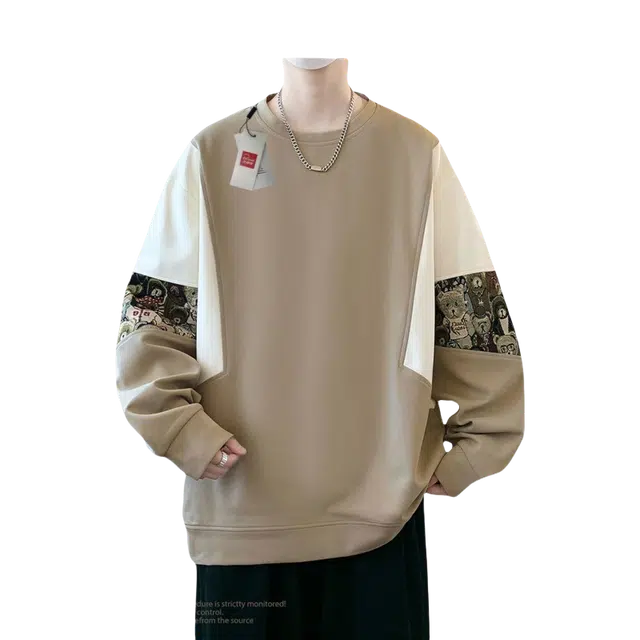 北极绒 港风国潮美式刺绣拼接长袖重磅卡通圆领潮牌青少年上衣卫衣 男款