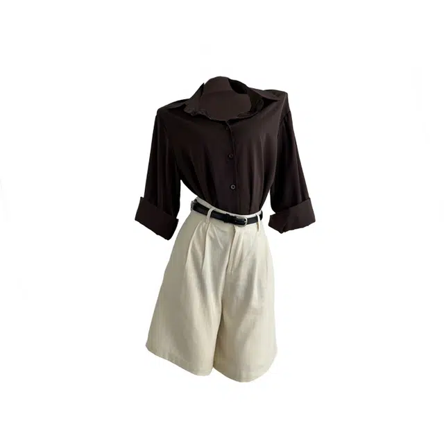 敲模女孩 美式复古老钱风韩系高级感翻领长袖衬衫宽松阔腿短裤休闲套装 女款