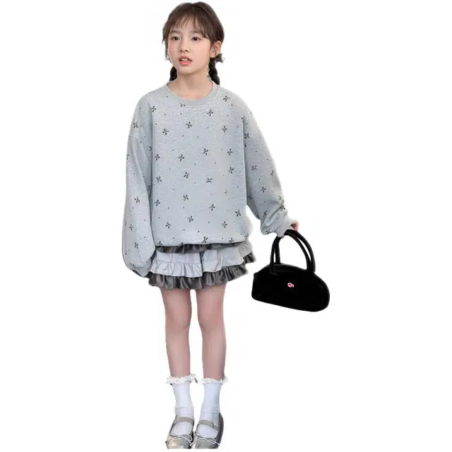 比比我休闲运动套装  女童春秋季蝴蝶结卫衣大童潮牌小孩衣服 小女孩短袖洋气时髦 舒适帅气轻便