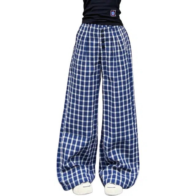 冈哉 单排多扣撞色格子设计美式潮流慵懒松弛宽松舒适百搭阔腿拖地休闲裤 男女同款