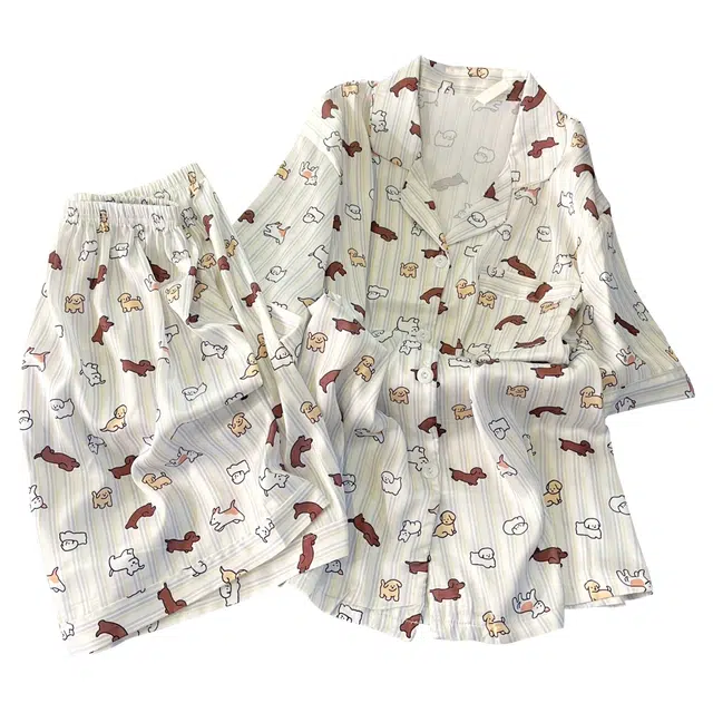 俏韵 翻领卡通夏季冰丝短袖甜美可爱薄款家居服可外穿睡衣套装 女款