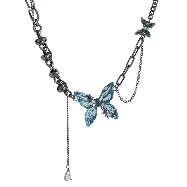 阿葱饰品 冰蓝蝴蝶 嘻哈潮流高街小众设计清冷感时尚个性甜酷辣妹复古高级感锁骨链#好运 铜 项链 女款