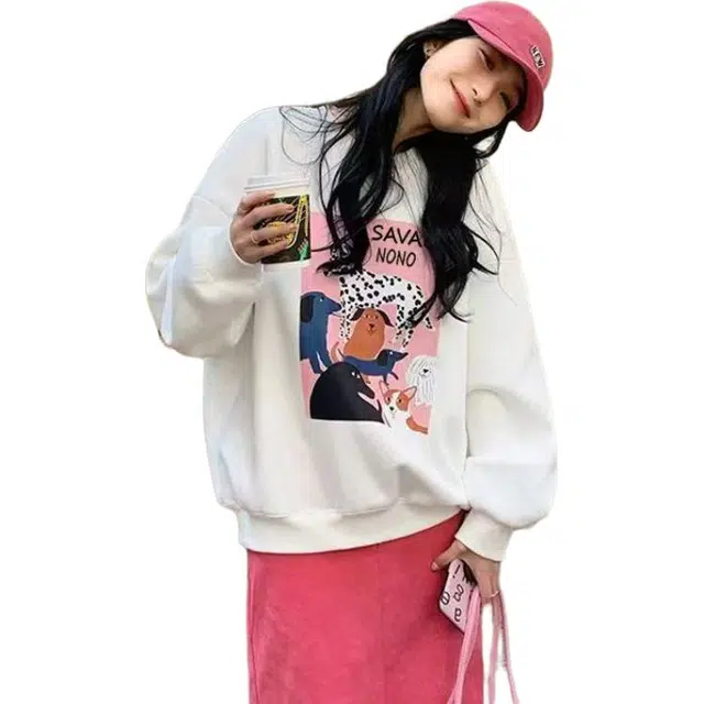 柏黛妃 宽松简约舒适百搭圆领卡通卫衣 女款