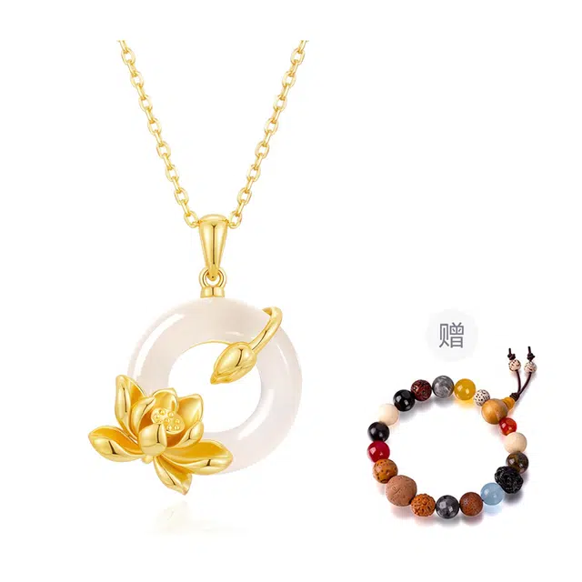 中国黄金 央创时尚 荷塘月色 好运莲莲锁骨链 并蒂莲新中式古风 小众设计感 气质百搭#好运 玉髓 项链 女款