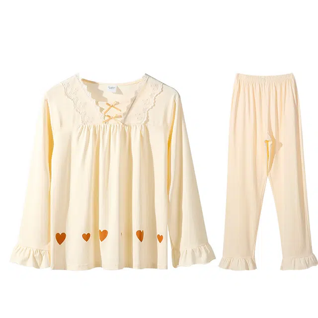 欧迪芬 甜美可爱蕾丝爱心长袖长裤舒适亲肤少女学生休闲可外穿家居服睡衣套装 女款