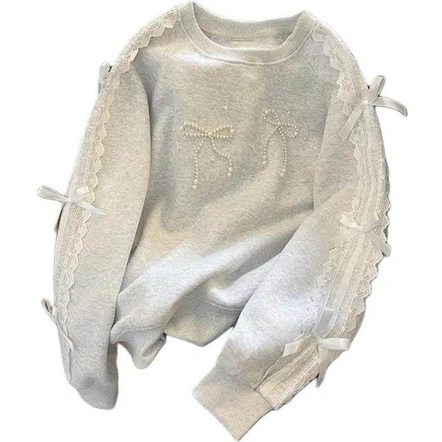 木清清 极简钉珠蝴蝶结套头设计感小众蕾丝拼接长袖卫衣 女款