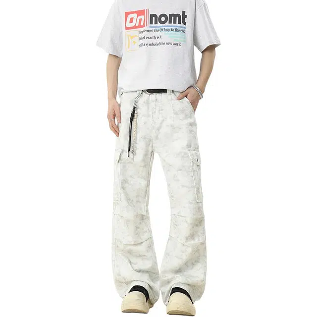 零氏 美式复古高街重工水洗褶皱多口袋伞兵工装长裤潮牌宽松百搭时尚阔腿休闲牛仔裤 男女同款