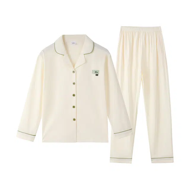 欧迪芬 简约纯色翻领长袖长裤纯棉柔软舒适亲肤可外穿休闲家居服睡衣套装 女款