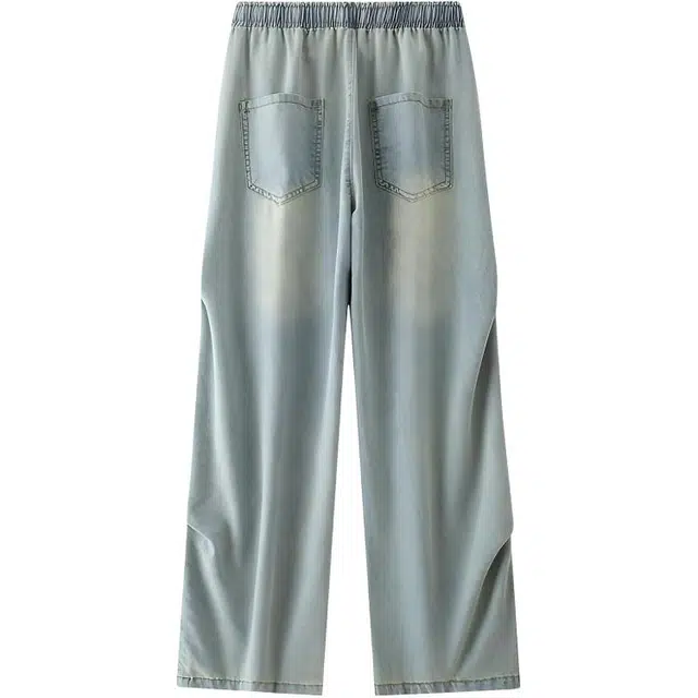 特斯型 美式薄款做旧水洗褶皱直筒宽松潮流松紧腰休闲牛仔裤 男女同款