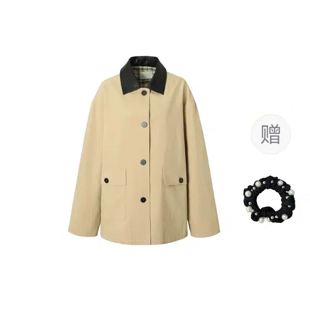 雾闪闪 撞色格纹拼接中长款外套宽松设计感大衣风衣 女款