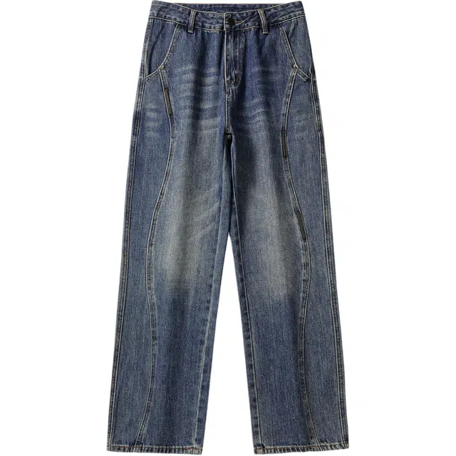 希越 宽松直筒长裤男秋冬潮牌拼接美式复古阔腿休闲牛仔裤 男款