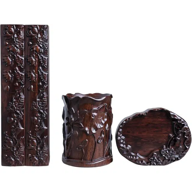 得笙陌 雕刻荷花文房笔筒笔砚镇尺四件套 黑檀 摆件 男女同款情侣款