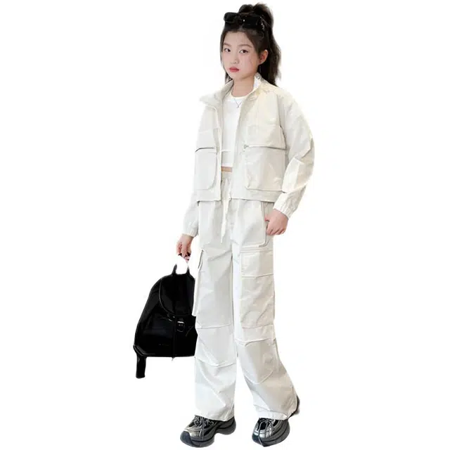 比比我休闲运动套装  女童春秋季大口袋工装大童潮牌小孩衣服 小女孩短袖洋气时髦 舒适帅气轻便