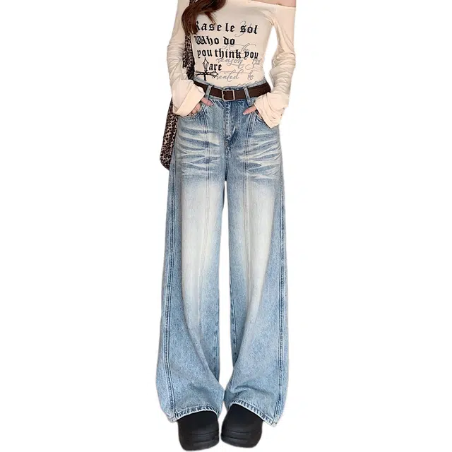 黛尔佳人 宽松水洗设计感直筒拖地牛仔裤 女款