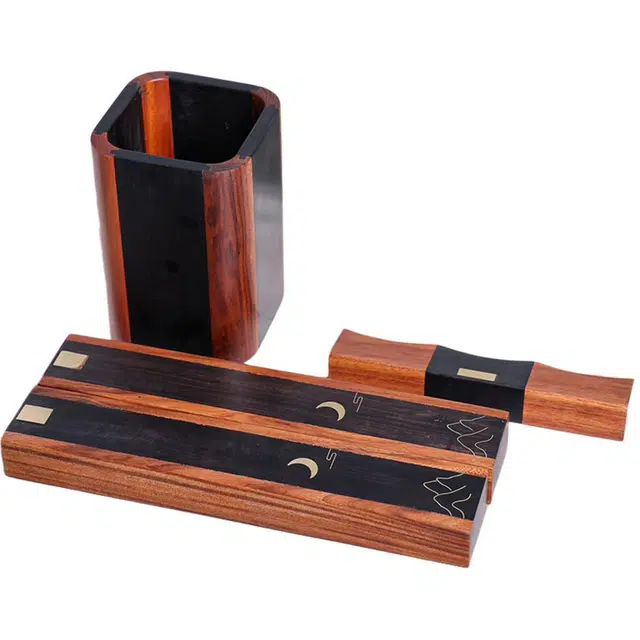 得笙陌 镶嵌花梨镶嵌月牙黄铜柱榫卯结构办公用品四件套 黑檀 摆件 男女同款情侣款