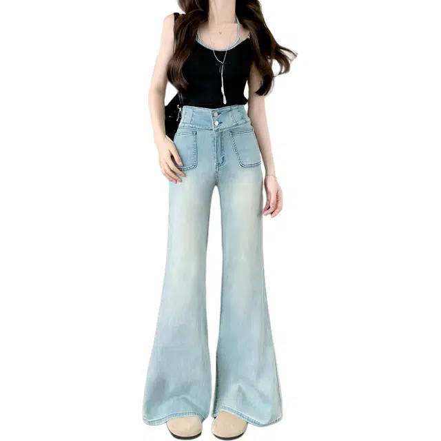 黛尔佳人 高腰直筒长裤两粒扣设计感宽松阔腿微喇裤子牛仔裤 女款