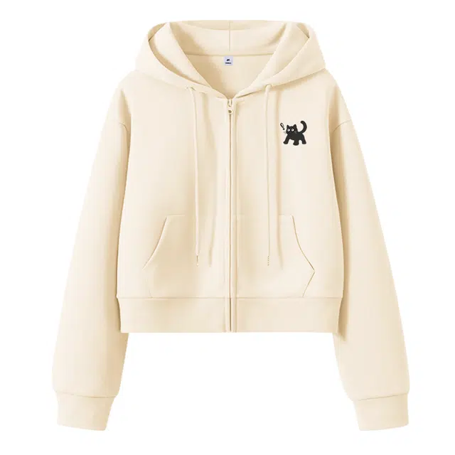 棉致 惊叹猫简约休闲学院风舒适通勤百搭柔软短款宽松落肩挺括抗皱拉链开衫贴袋连帽卫衣 女款