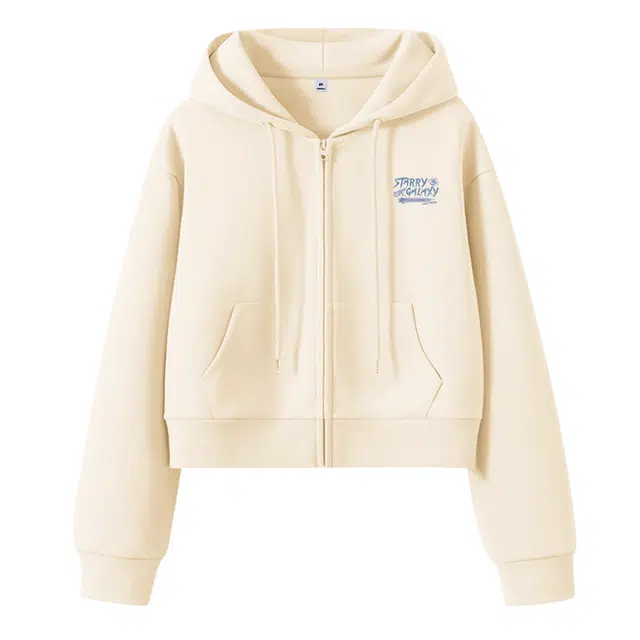 棉致 银河星星简约休闲学院风舒适通勤百搭柔软短款宽松落肩挺括抗皱拉链开衫贴袋连帽卫衣 女款